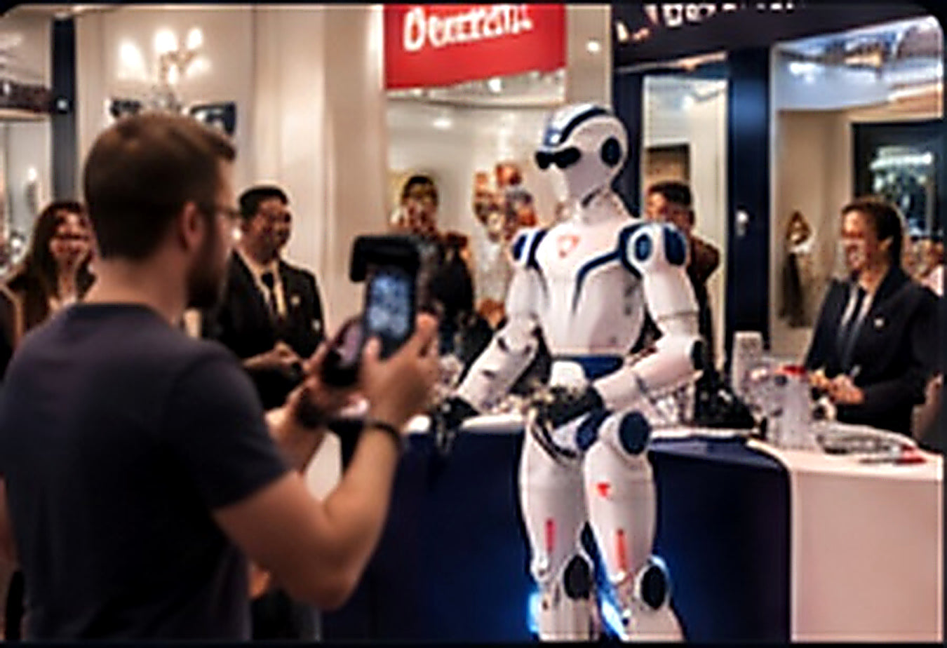 Humanoider Roboter auf einer Messe mit Besucherinnen und Besuchern
