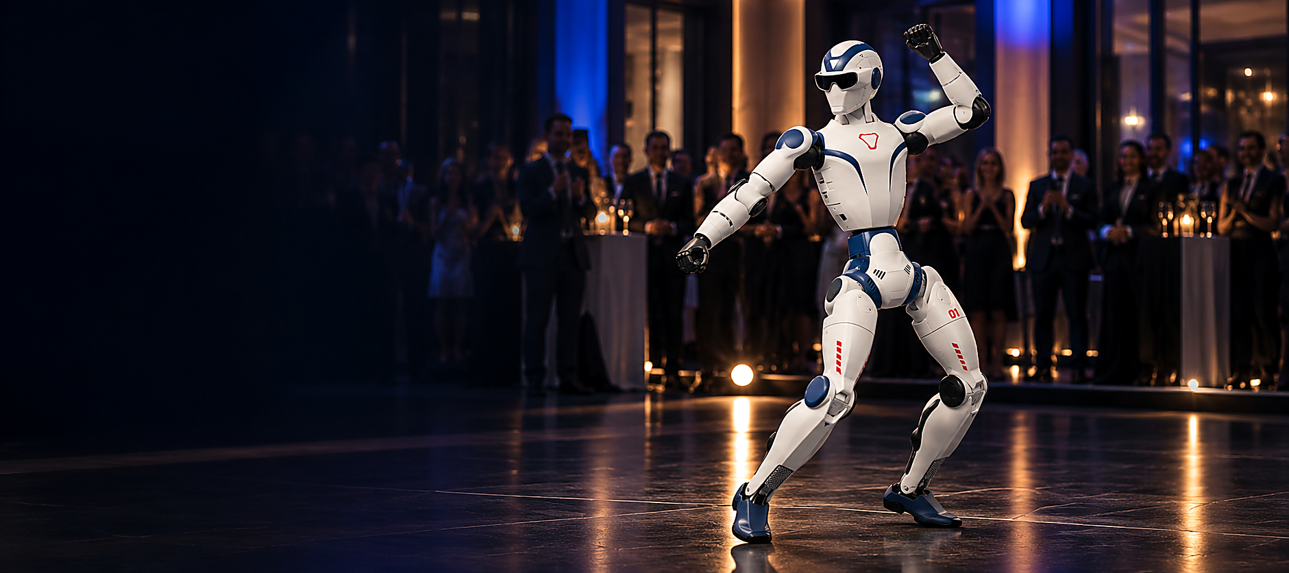 Humanoider Roboter bei einem stilvollen Event mit Gästen und blauem Licht